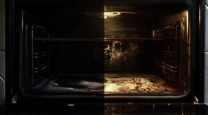 An image of a dirty oven filled with a variety of food Perfect for illustrating the need for cleaning or the messiness of cooking